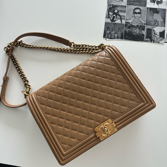 CHANEL TAN Quilted Leather Large Boy Flap Bag LOVING CARRIED ABOUT 20 TIMES! - Picture 1 of 16